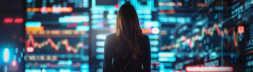 A Back view of a businesswoman analyzing glowing stock market data boards in a high-tech digital environment.
