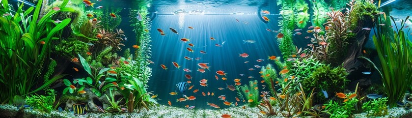 A beautifully arranged aquarium filled with vibrant tropical fish and lush aquatic plants.