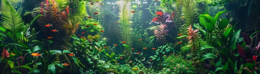 A beautifully arranged aquarium filled with vibrant tropical fish and lush aquatic plants.