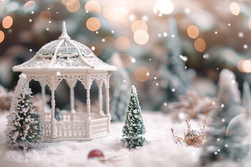 A charming, miniature, frost-covered pavilion with a softly blurred background featuring icy trees...