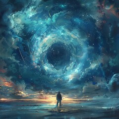 Ignite imagination with a mesmerizing rear view illustration, showing a person transfixed by a digital portal opening in the sky Convey a sense of awe and contemplation as the simulated reality unrave - obrazy, fototapety, plakaty
