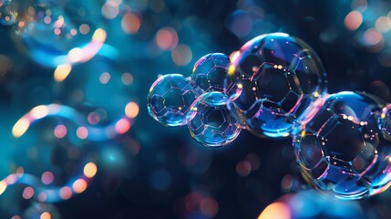 A Close-up abstract view of soap bubbles with a molecular hexagonal structure on a dark background. - obrazy, fototapety, plakaty
