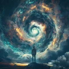 Foto op Canvas Ignite imagination with a mesmerizing rear view illustration, showing a person transfixed by a digital portal opening in the sky Convey a sense of awe and contemplation as the simulated reality unrave © panyawatt