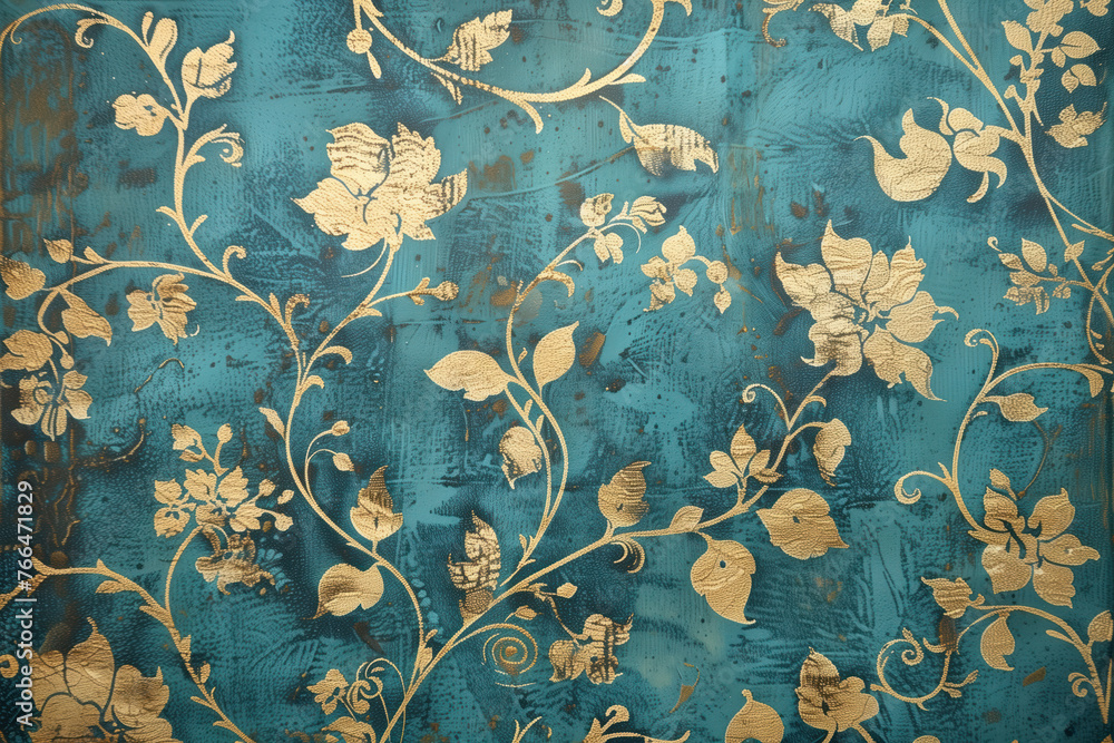 Poster vintage gold floral pattern on a verdigris canvas. background image. created with generative ai tech