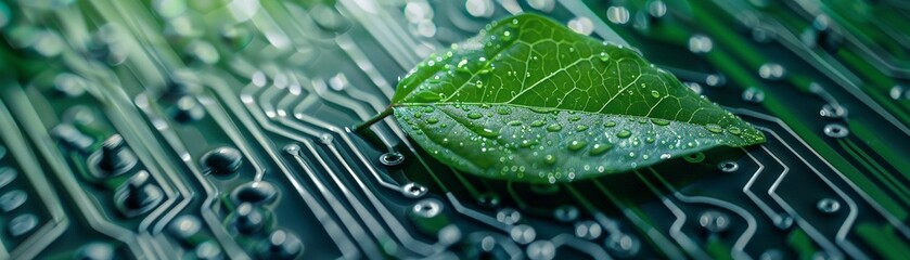 A conceptual image combining nature and technology featuring a green leaf on a circuit board