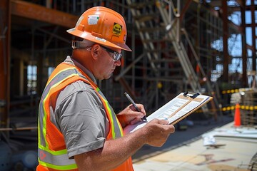 A Construction worker in reflective vest and hardhat writing on a clipboard at a construction site.