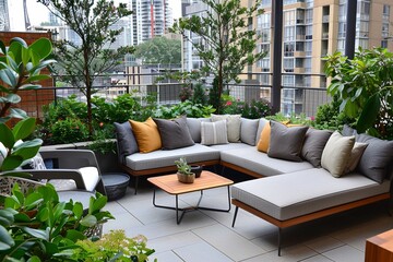 A contemporary urban balcony garden with a stylish outdoor lounge area