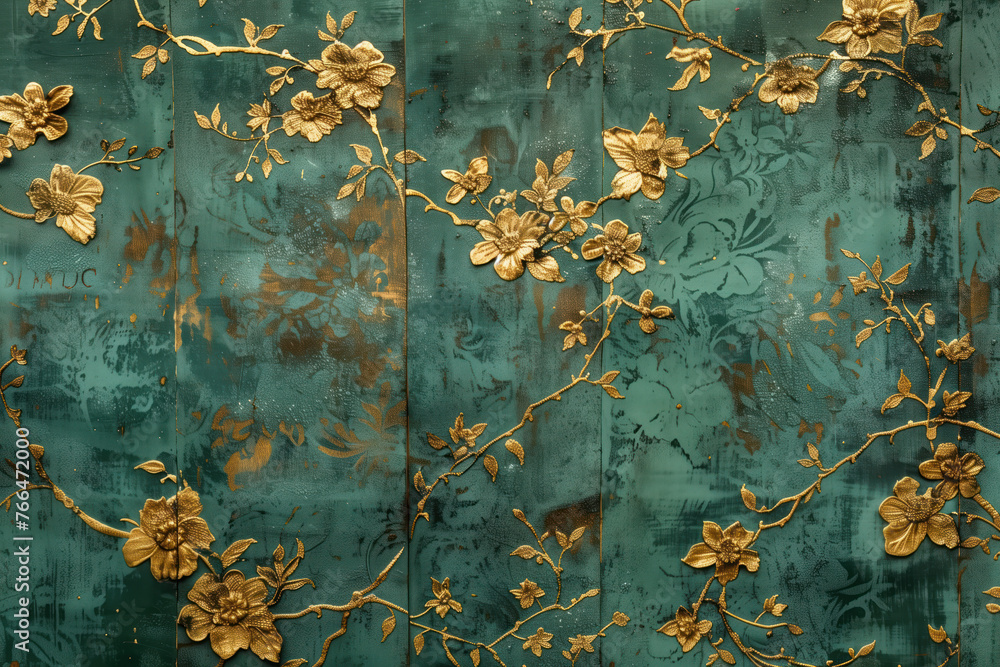 Poster vintage gold floral pattern on a verdigris canvas. background image. created with generative ai tech