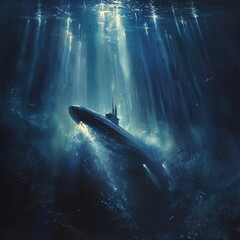 Produce a striking graphic of a submarine descending into the depths with rays of sunlight piercing the dark waters, highlighting the beauty and enigma of unexplored ocean realms