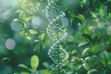 A digitally rendered DNA helix surrounded by green plant leaves