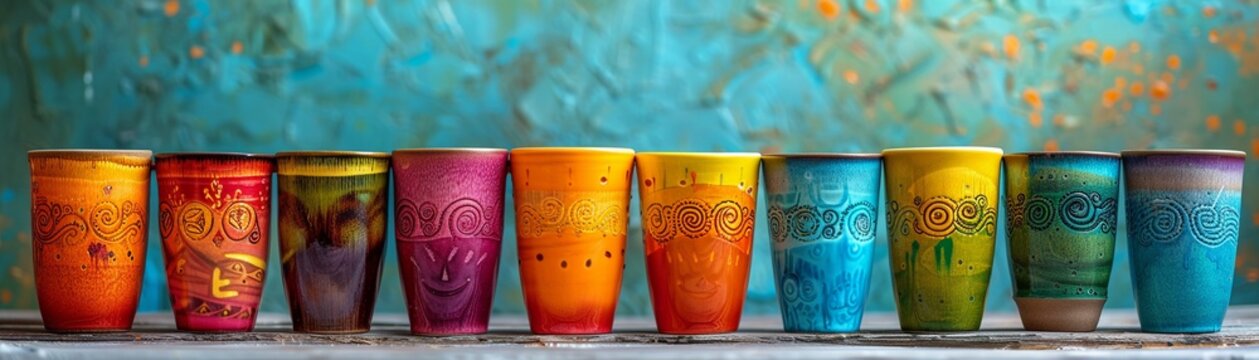 Produce a mesmerizing long shot image of cups embodying cultural unity through innovative designs and vibrant colors Utilize symbols, textures, and shapes that reflect the beauty of different cultures