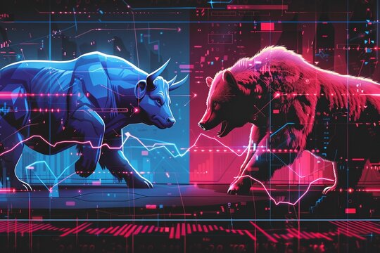 A digital illustration depicting the stock market concept with a blue bull and a red bear facing off against financial graphs.