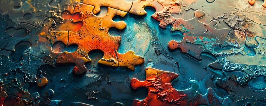 Produce a visually striking artwork featuring a series of interconnected puzzle pieces representing various social and environmental issues being solved through blockchain technology Show the pieces c