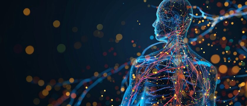 A Digital illustration of a human body with the nervous system highlighted