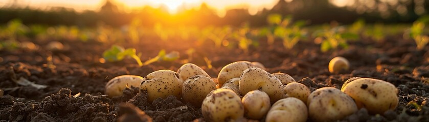 A Freshly unearthed potatoes lying in fertile soil at sunset on a farm - obrazy, fototapety, plakaty