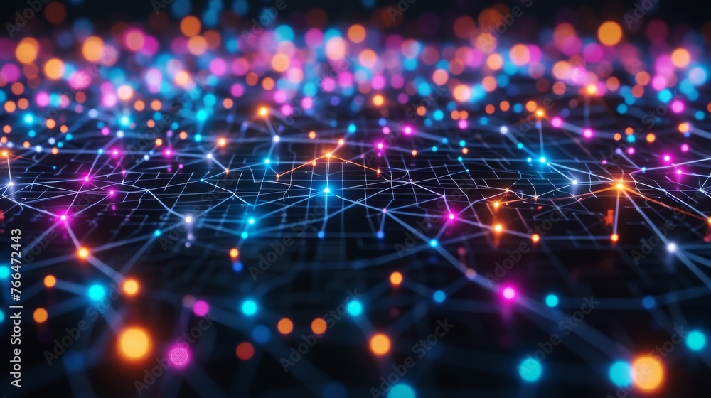Poster neon constellations: glowing dots and grids mapping out the dark tech universe --ar 16:9 --quality 0