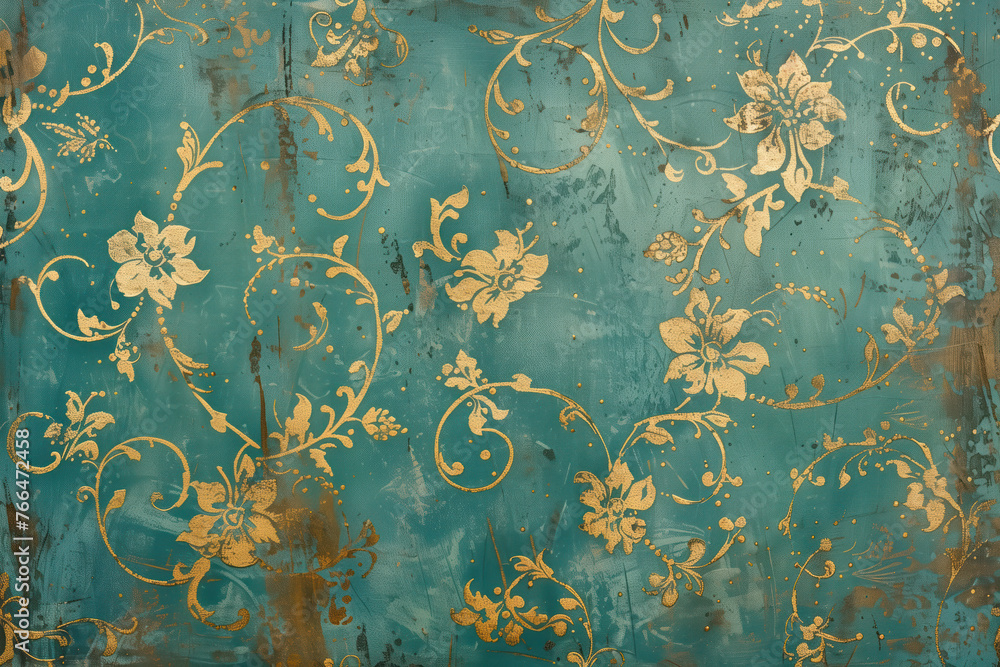 Poster vintage gold floral pattern on a verdigris canvas. background image. created with generative ai tech