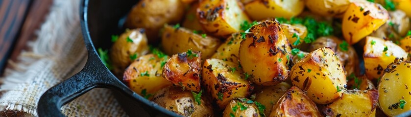 A Golden roasted potatoes seasoned with herbs in a cast iron skillet - obrazy, fototapety, plakaty