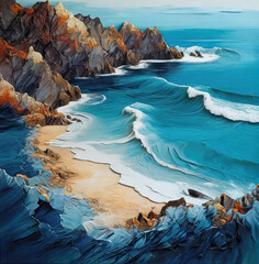 Scenic nature view painting. Landscape with sea coast.
