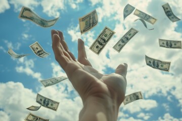 A Hand reaching out to catch falling dollar bills from the sky - obrazy, fototapety, plakaty