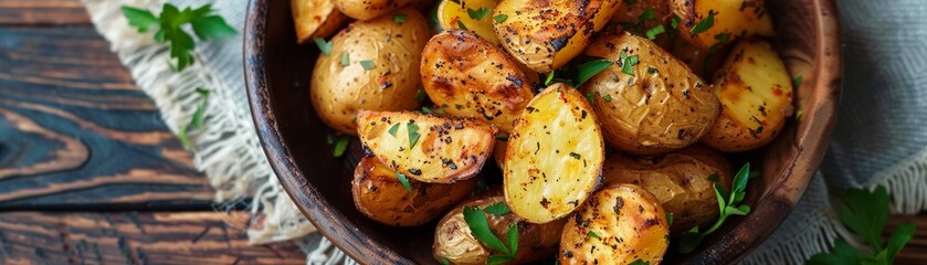 A Herb roasted potatoes seasoned with fresh spices served in a rustic wooden bowl. - obrazy, fototapety, plakaty