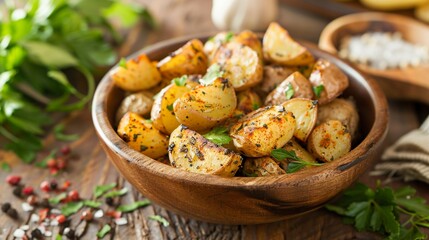 A Herb roasted potatoes seasoned with fresh spices served in a rustic wooden bowl.