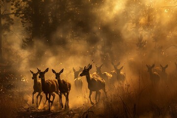 A herd of deer running through smoke on a path to escape a devastating forest fire.