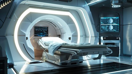 A high-tech medical pod sits in a science fiction environment - obrazy, fototapety, plakaty