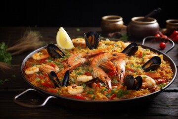 Tempting paella on a slate plate against a whitewashed wood background