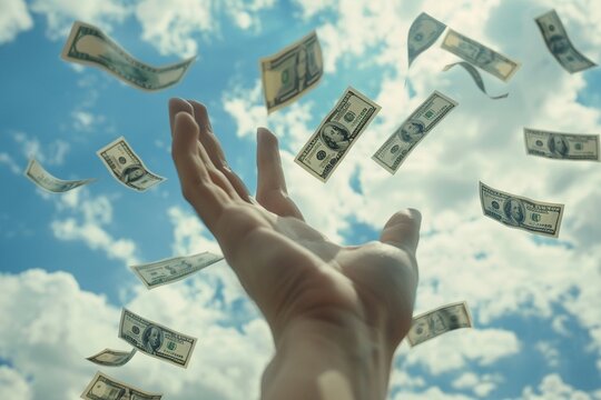 A Hand reaching out to catch falling dollar bills from the sky