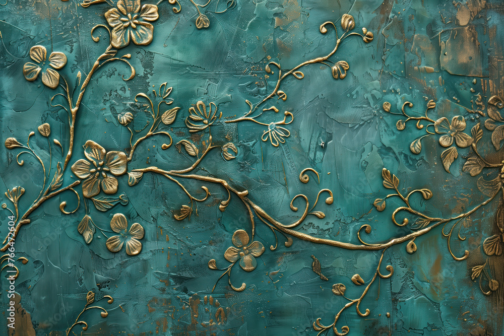 Poster vintage gold floral pattern on a verdigris canvas. background image. created with generative ai tech