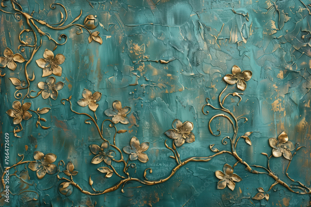 Poster vintage gold floral pattern on a verdigris canvas. background image. created with generative ai tech