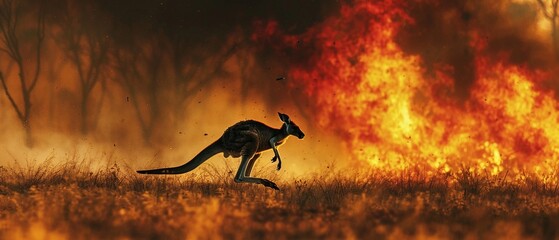 A lone kangaroo bounds away from the intense flames and smoke of a raging Australian bushfire. - obrazy, fototapety, plakaty