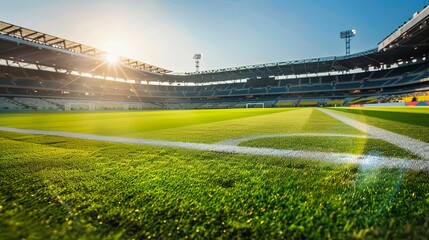 A Lush green soccer field in a stadium basked in sunlight - obrazy, fototapety, plakaty