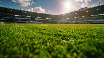 A Lush green soccer field in a stadium basked in sunlight - obrazy, fototapety, plakaty