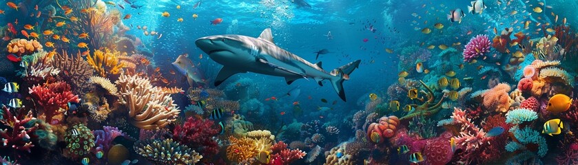 Fototapeta na wymiar A Panoramic underwater scene with a shark swimming near a vibrant coral reef teeming with fish.
