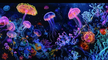 Fototapeta na wymiar A Panoramic banner of colorful bioluminescent organisms in a deep sea environment