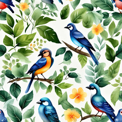 Romantic bright colorful background with birds and plants. Botanical theme design. Not seamless.