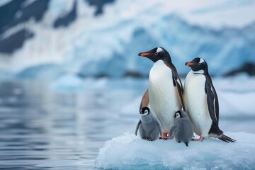 A penguin parent with chicks on a small ice floe