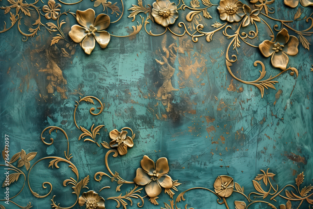 Poster vintage gold floral pattern on a verdigris canvas. background image. created with generative ai tech