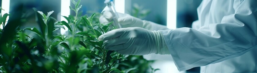A Scientist in white coat with gloves examining plant specimen in laboratory for agricultural research. - obrazy, fototapety, plakaty
