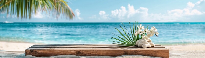 A serene beach setup featuring a wooden board for product display and a palm plant with ocean backdrop.