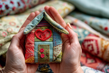 A pair of hands holding a small, colorful fabric house with a tiny red heart sewn onto the front, set against a softly blurred background of assorted textiles.