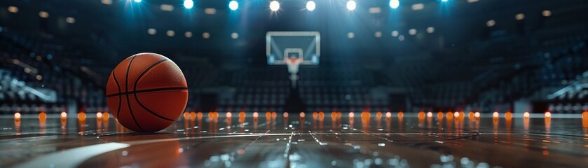 A single basketball on a polished court under the bright lights of an empty arena. - obrazy, fototapety, plakaty