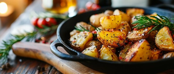 A Sizzling roasted potatoes on a plate with rustic kitchen table ambiance - obrazy, fototapety, plakaty