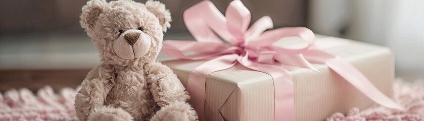 A Soft teddy bear with a pink bow beside a wrapped birthday gift with a pink ribbon. - obrazy, fototapety, plakaty