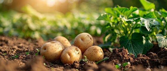 A Three ripe potatoes emerge from the fertile soil in a sunlit garden