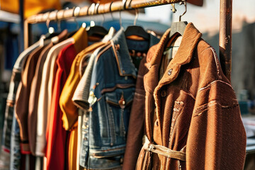 Obraz premium Used colorful clothes hanging on a rack.