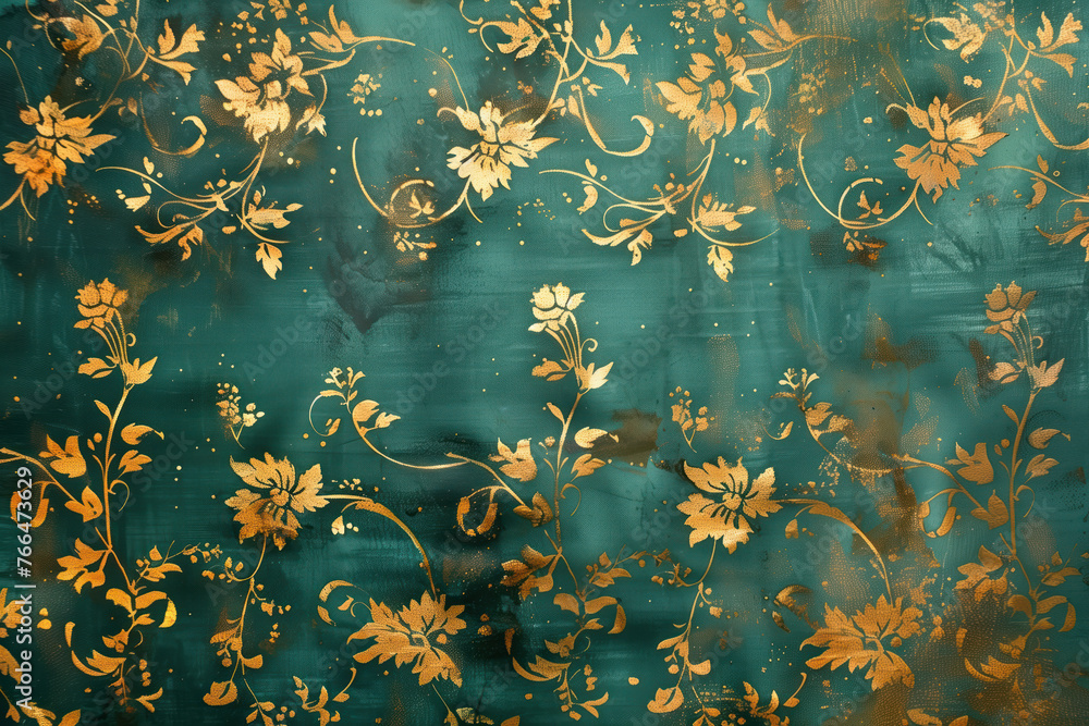 Poster vintage gold floral pattern on a verdigris canvas. background image. created with generative ai tech
