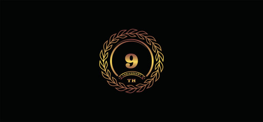 9st anniversary logo with ring and frame, gold color and black background